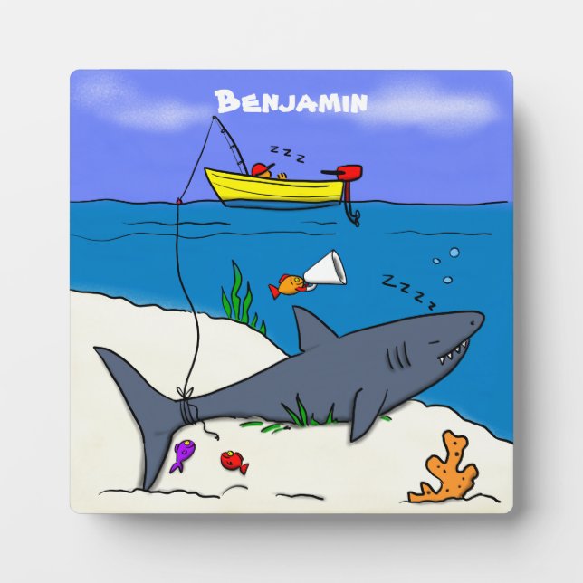 Funny sleeping shark and fishing cartoon plaque (Front)