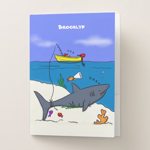 Funny sleeping shark and fishing cartoon pocket folder