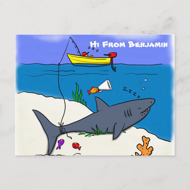 Funny sleeping shark and fishing cartoon postcard (Front)
