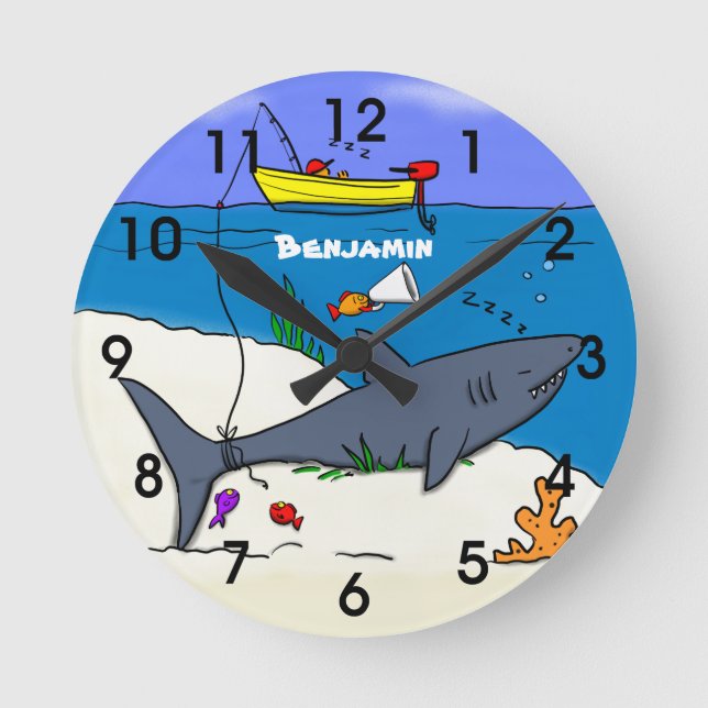 Funny sleeping shark and fishing cartoon round clock (Front)