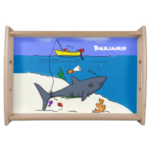 Funny sleeping shark and fishing cartoon serving tray