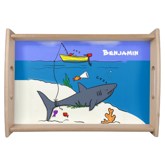 Funny sleeping shark and fishing cartoon serving tray (Front)
