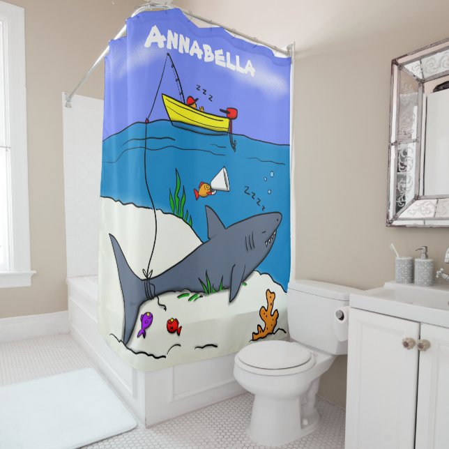 Funny sleeping shark and fishing cartoon shower curtain (In Situ)