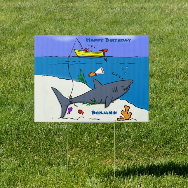Funny sleeping shark and fishing cartoon sign (Insitu)