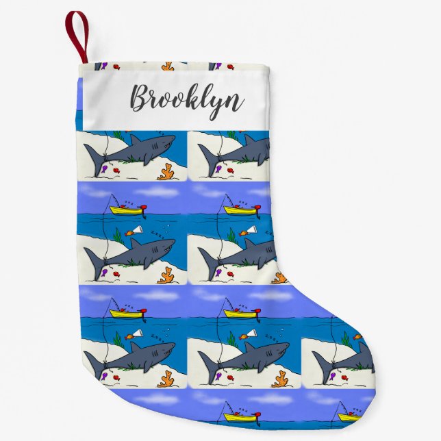 Funny sleeping shark and fishing cartoon small christmas stocking (Front)