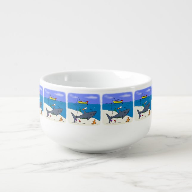 Funny sleeping shark and fishing cartoon soup mug (Front)