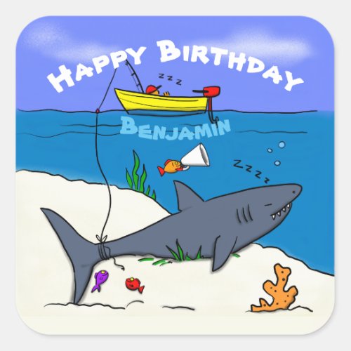 Funny sleeping shark and fishing cartoon square sticker