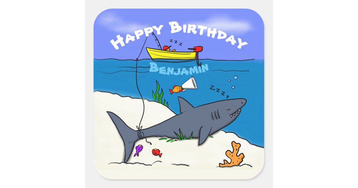 Funny sleeping shark and fishing cartoon square sticker