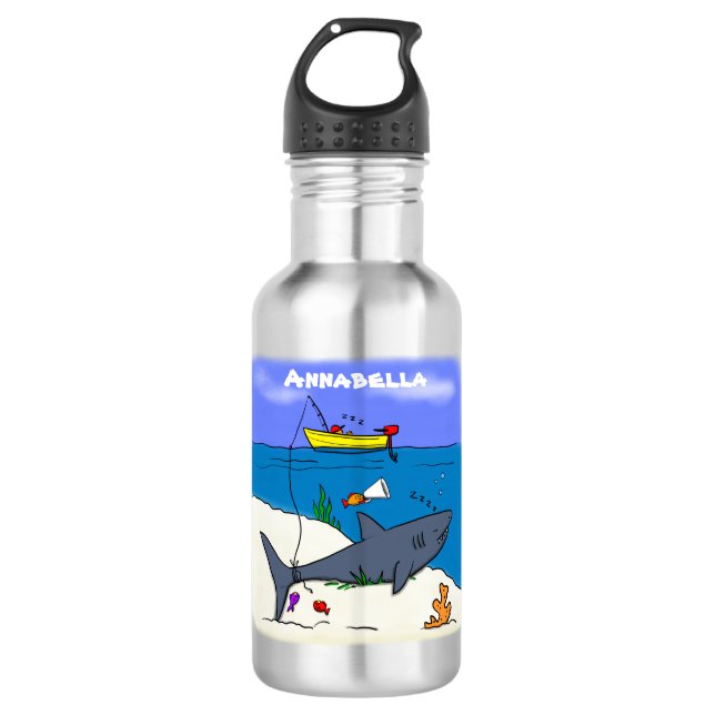 Funny sleeping shark and fishing cartoon stainless steel water bottle (Front)