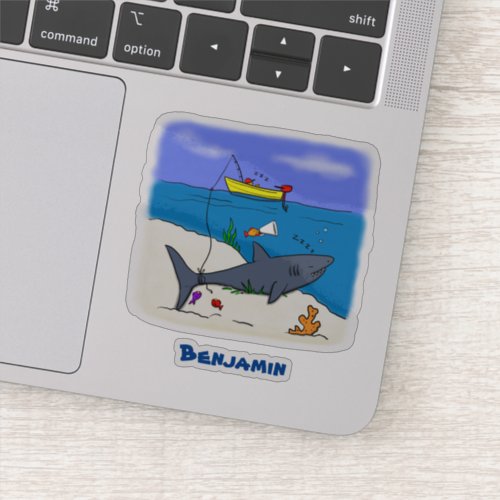 Funny sleeping shark and fishing cartoon sticker