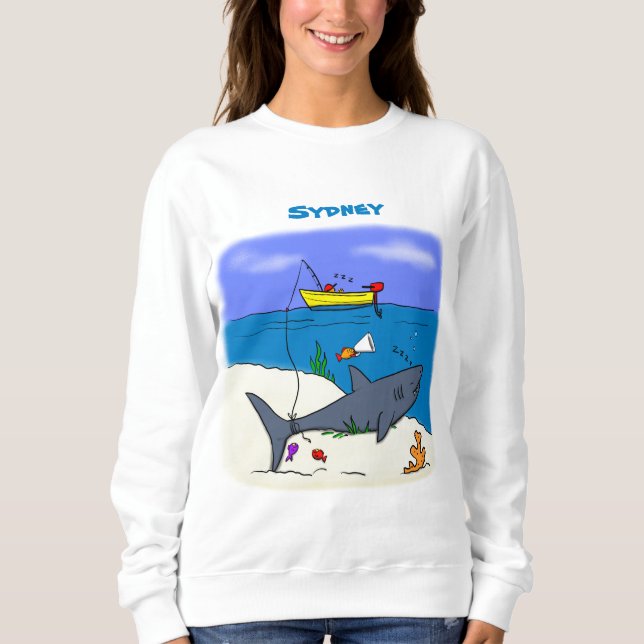 Funny sleeping shark and fishing cartoon sweatshirt (Front)