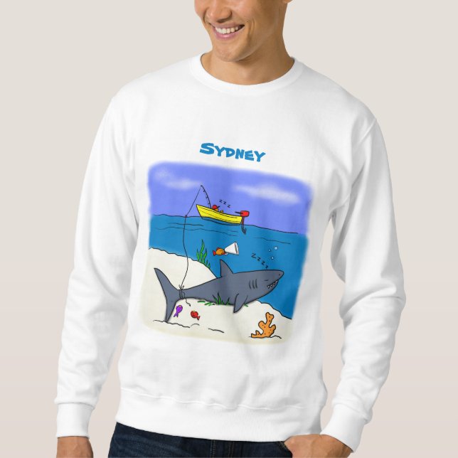 Funny sleeping shark and fishing cartoon sweatshirt (Front)