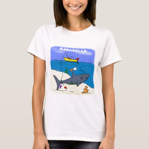 Funny sleeping shark and fishing cartoon T_Shirt