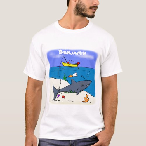 Funny sleeping shark and fishing cartoon T_Shirt