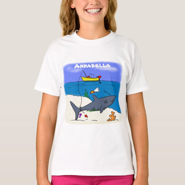 Funny sleeping shark and fishing cartoon T-Shirt (Front)