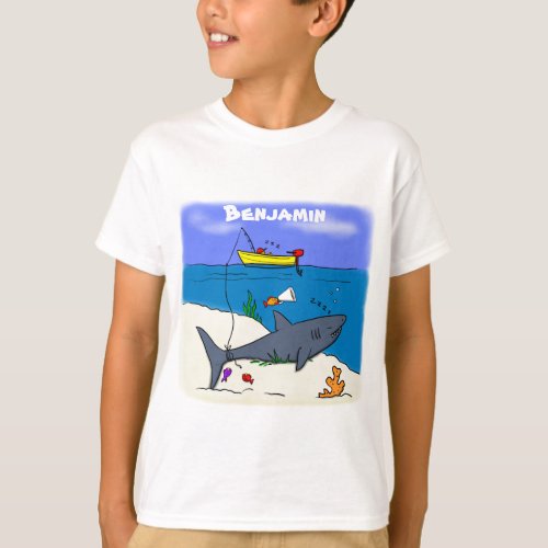 Funny sleeping shark and fishing cartoon T_Shirt