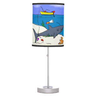 Funny sleeping shark and fishing cartoon table lamp