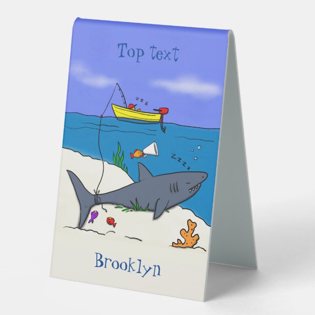 Funny sleeping shark and fishing cartoon table tent (Front)