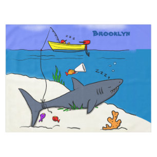 Funny sleeping shark and fishing cartoon tablecloth