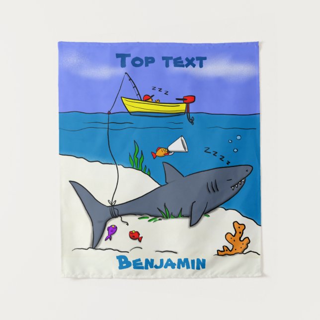 Funny sleeping shark and fishing cartoon  tapestry (Front)