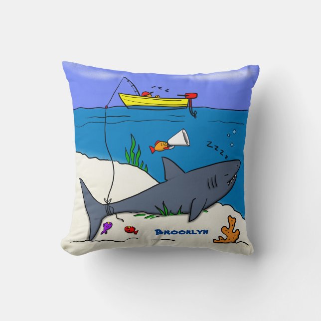 Funny sleeping shark and fishing cartoon throw pillow (Front)