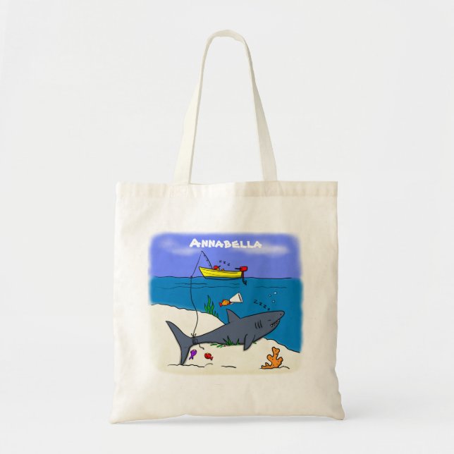 Funny sleeping shark and fishing cartoon tote bag (Front)