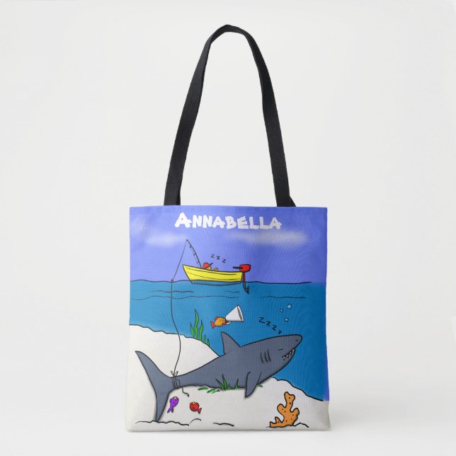 Funny sleeping shark and fishing cartoon tote bag (Front)