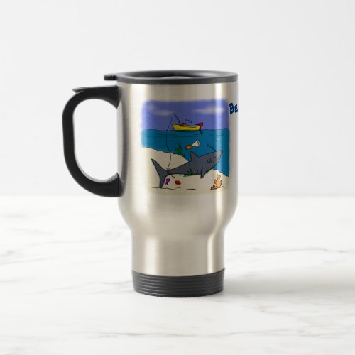 Funny sleeping shark and fishing cartoon travel mug