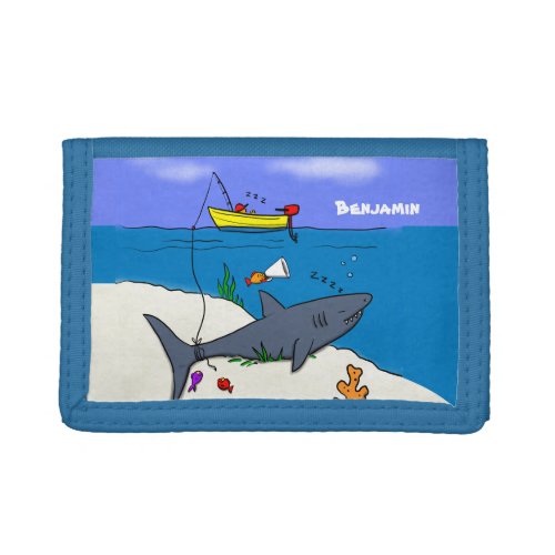 Funny sleeping shark and fishing cartoon trifold wallet