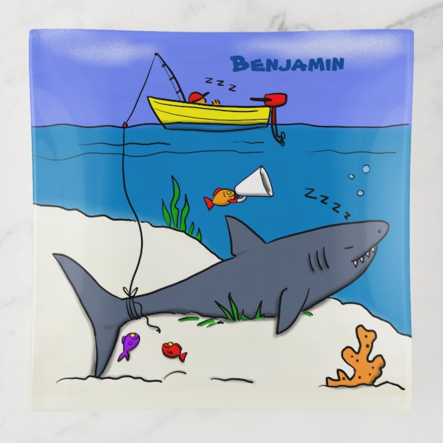 Funny sleeping shark and fishing cartoon trinket tray (Front)
