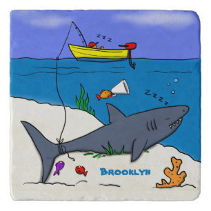Funny sleeping shark and fishing cartoon trivet