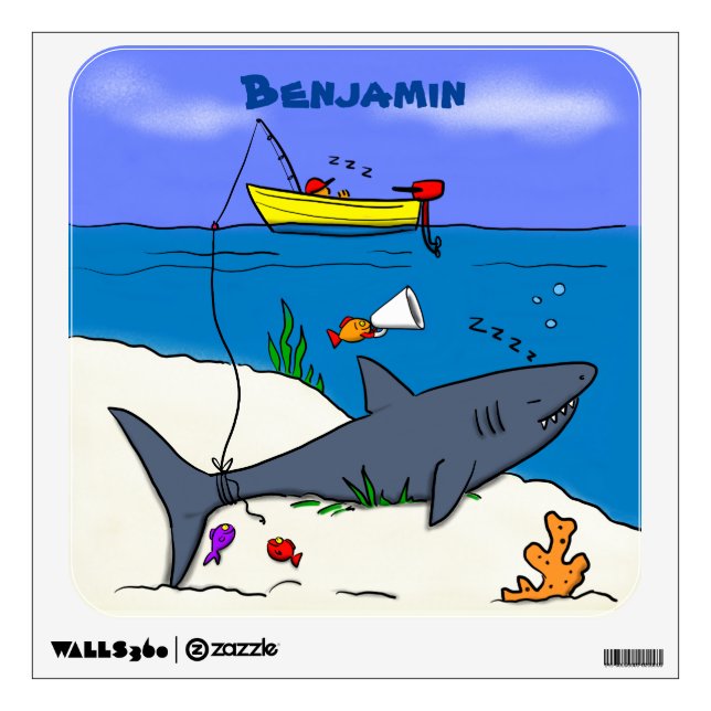 Funny sleeping shark and fishing cartoon wall decal (Front)