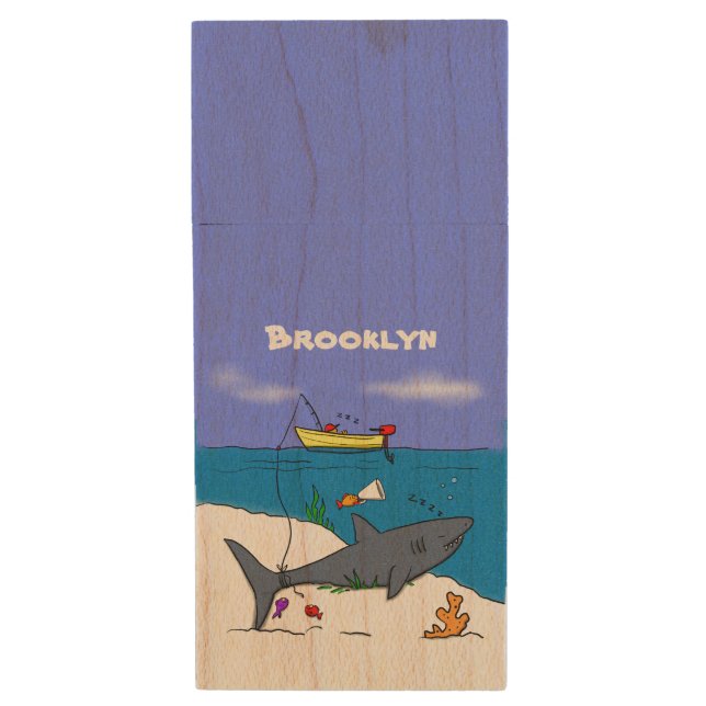 Funny sleeping shark and fishing cartoon wood flash drive (Front Vertical)