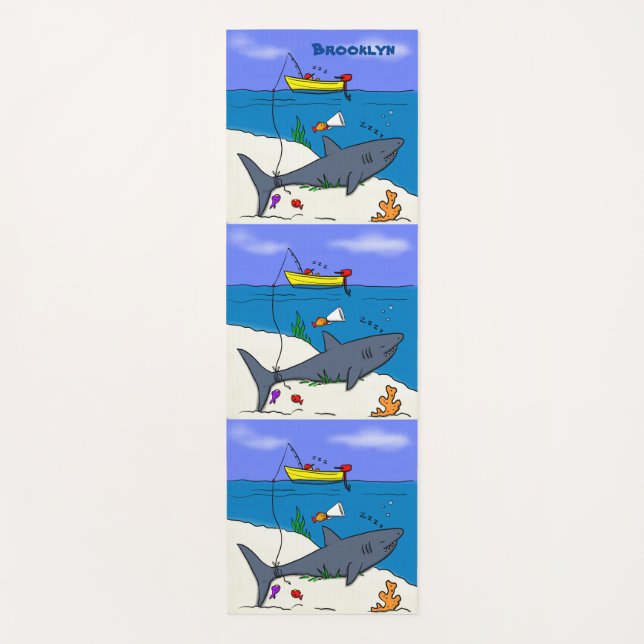 Funny sleeping shark and fishing cartoon yoga mat (Front)