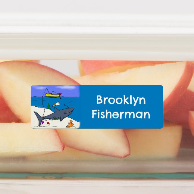 Funny sleeping shark fishing cartoon personalized labels (Affixed)