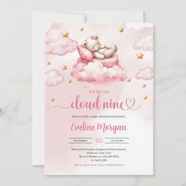 Funny Sleeping teddy bear cloud 9 girl baby shower Invitation (Front)