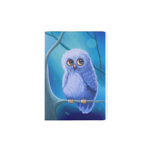 Funny Sleepy Blue Owl Passport Holder (Front)