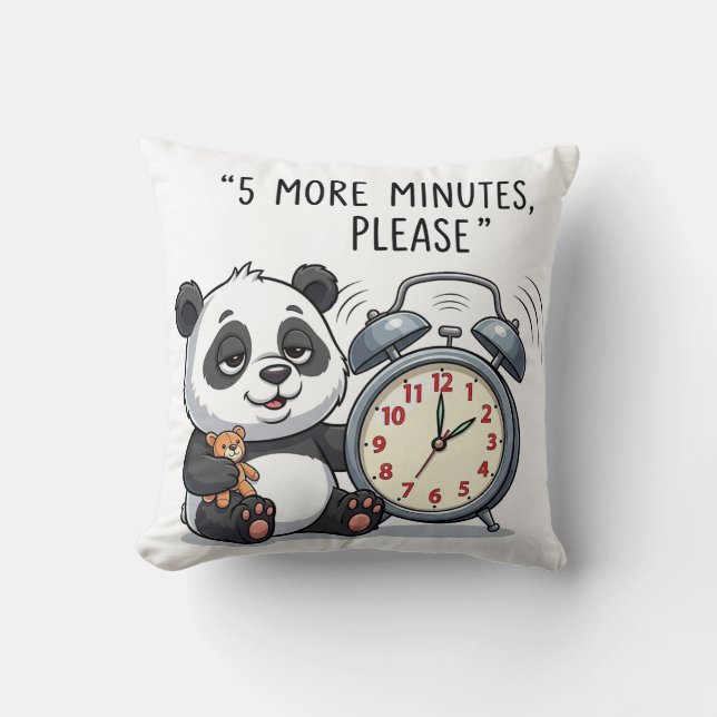 Funny Sleepy Panda Illustration with Alarm Clock  Throw Pillow (Front)