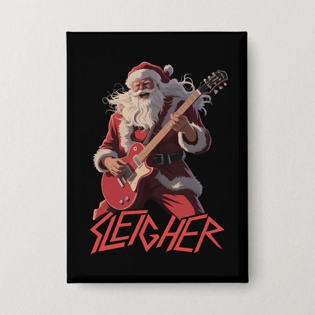 Funny Sleigher Metal Band Rock Santa Christmas Button (Front)