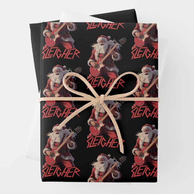 Funny Sleigher Metal Band Rock Santa Christmas Wrapping Paper Sheets (In situ)