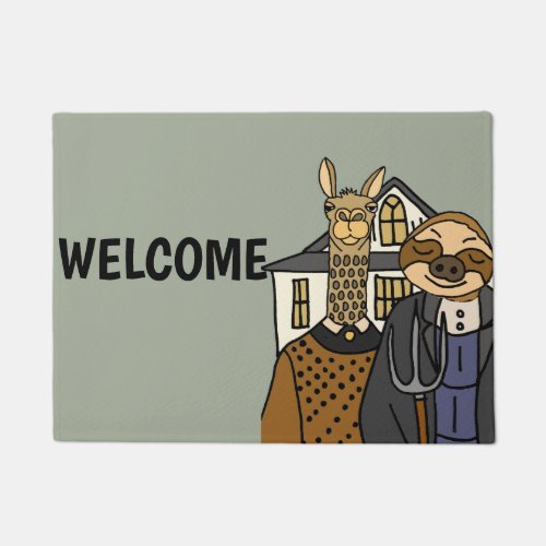 Funny Sloth and Llama American Gothic Artwork Doormat