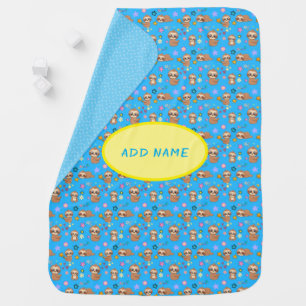 Funny Sloth Blue Pattern Add Your Name Template Baby Blanket