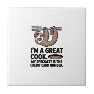 Funny Sloth Cook Hanging on a Fork Ceramic Tile