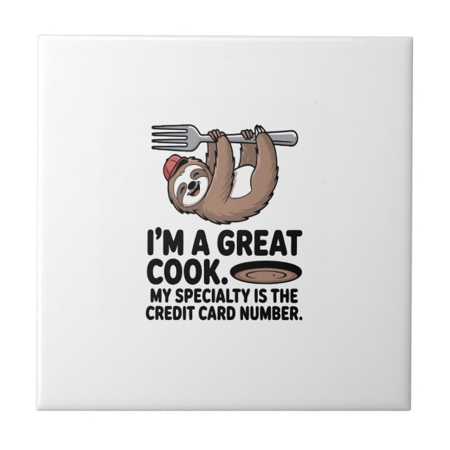 Funny Sloth Cook Hanging on a Fork Ceramic Tile (Front)