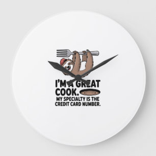 Funny Sloth Cook Hanging on a Fork Large Clock