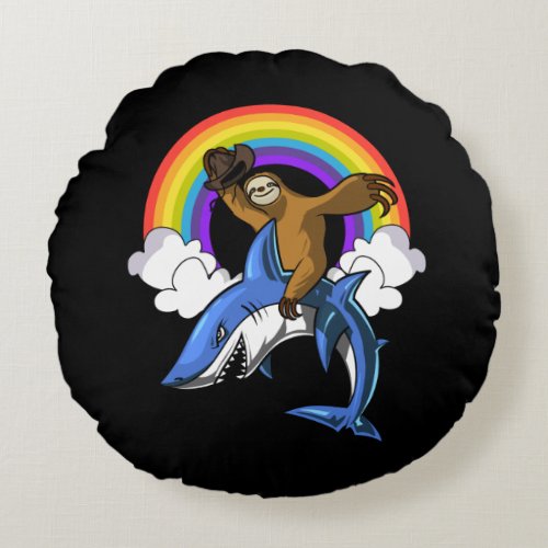 Funny Sloth Cowboy Riding Ocean Shark Rainbow Round Pillow