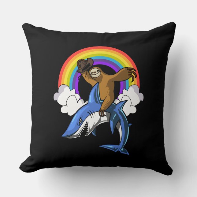 Funny Sloth Cowboy Riding Ocean Shark Rainbow Throw Pillow (Front)