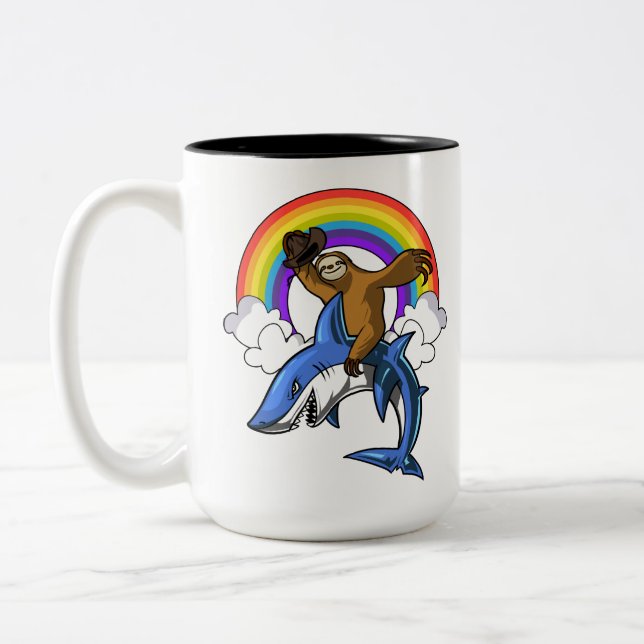 Funny Sloth Cowboy Riding Ocean Shark Rainbow Two-Tone Coffee Mug (Left)