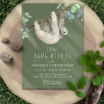 Funny Sloth Cute Forest Green Kids Birthday Party Invitation<br><div class="desc">"Come hang with us" fun birthday party invitations with a watercolor illustration of a sloth hanging from a tree. Simple and cute cards with white handwritten-style font on a dark green background. The reverse side features a wood pattern. Background colors can be changed, if desired, by using the design tool....</div>