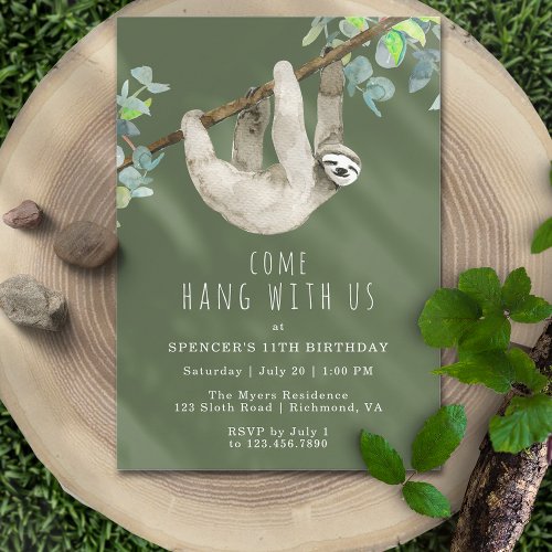 Funny Sloth Cute Forest Green Kids Birthday Party Invitation